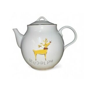 Pottery Barn Reindeer Rudolph Christmas Teapot‎ White Ceramic